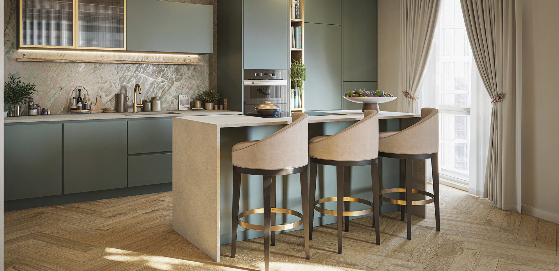 An image of the Kitchen area with Breakfast bar at Kings Road Park