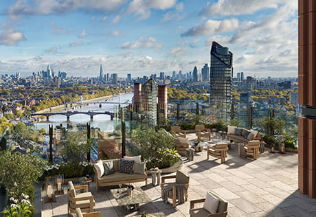 An exterior CGI of a Terrace with a view over London at King's Road Park