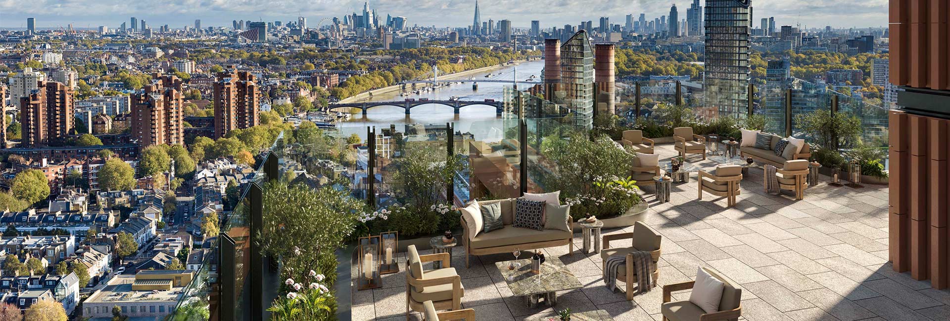 An exterior CGI of a Terrace with a view over London at King's Road Park