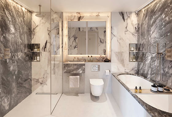 A CGI of a Bathroom in the Koto Palette