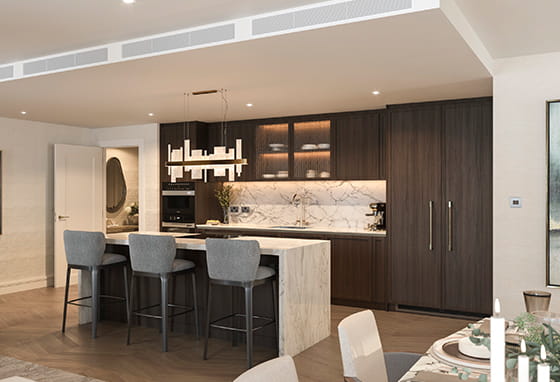 A CGI of a Kitchen in the Koto Palette