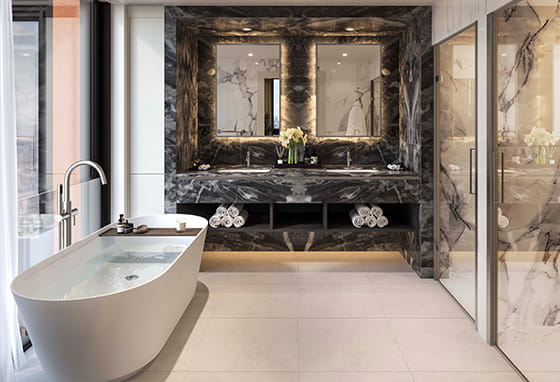 A CGI of a Bathroom in the Onyx Palette