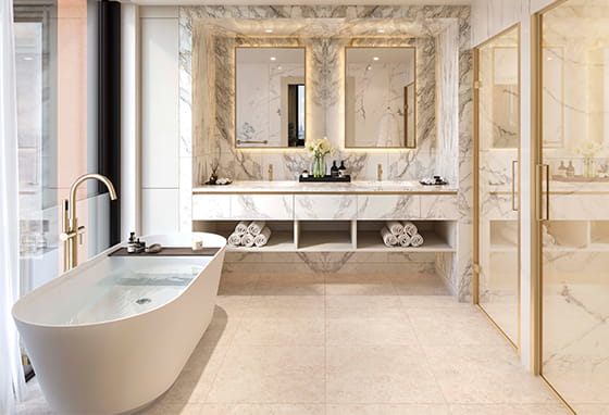 A CGI of a Bathroom in the Opal Palette