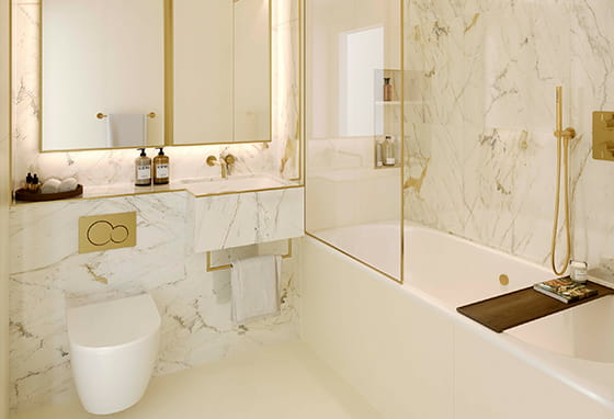 A CGI of a Bathroom in the Pearl Palette