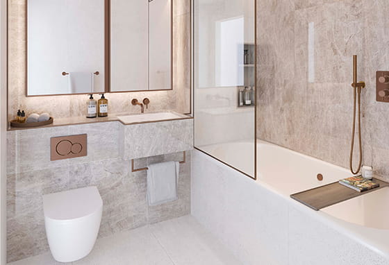 A CGI of a Bathroom in the Sienna Palette