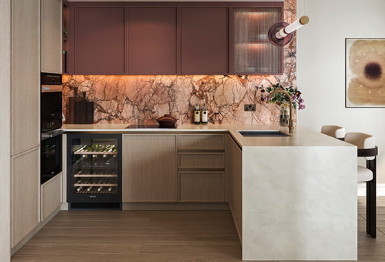 A CGI of a Kitchen in the Sienna Palette