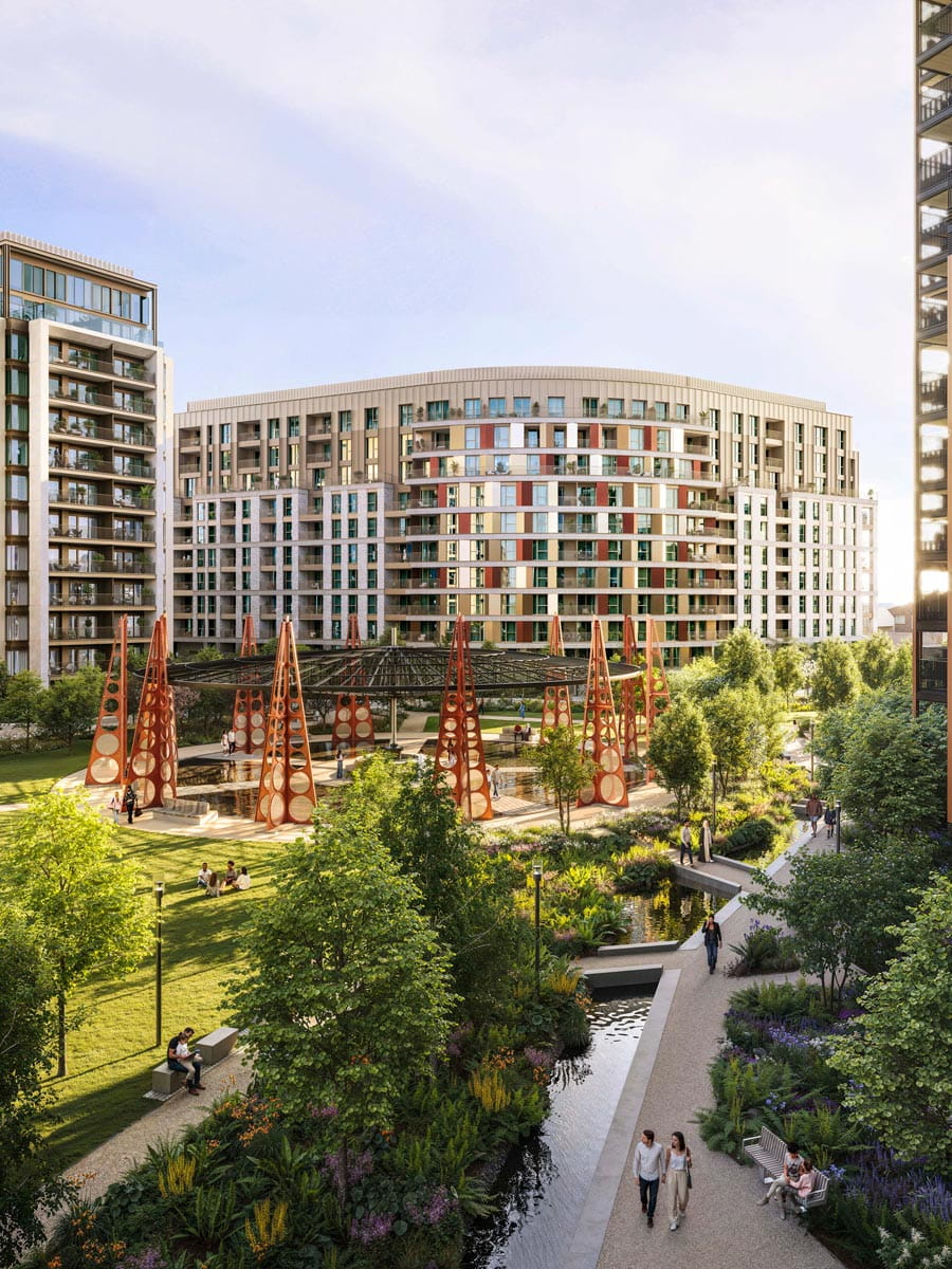 CGI of pedestrian landscaped path in foreground and resident building façade in background