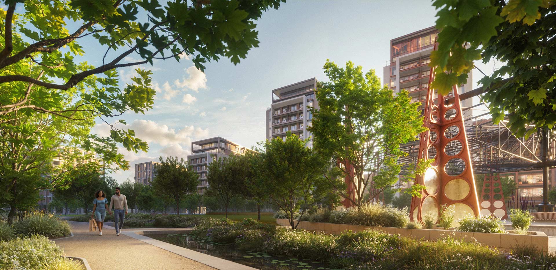 CGI of pedestrian landscaped path and greenspace in foreground and resident blocks in background