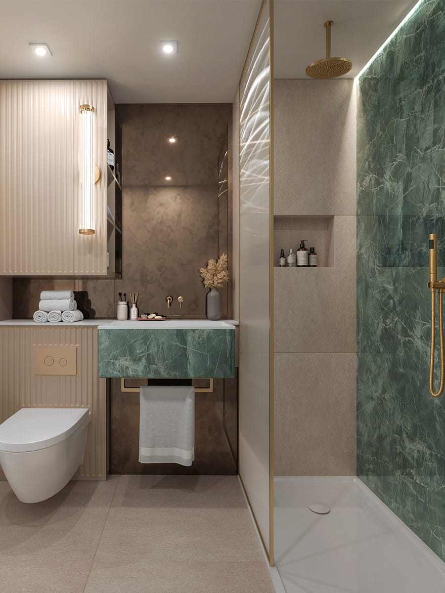 Modern designed bathroom with shower unit, wash basin and cabinet space