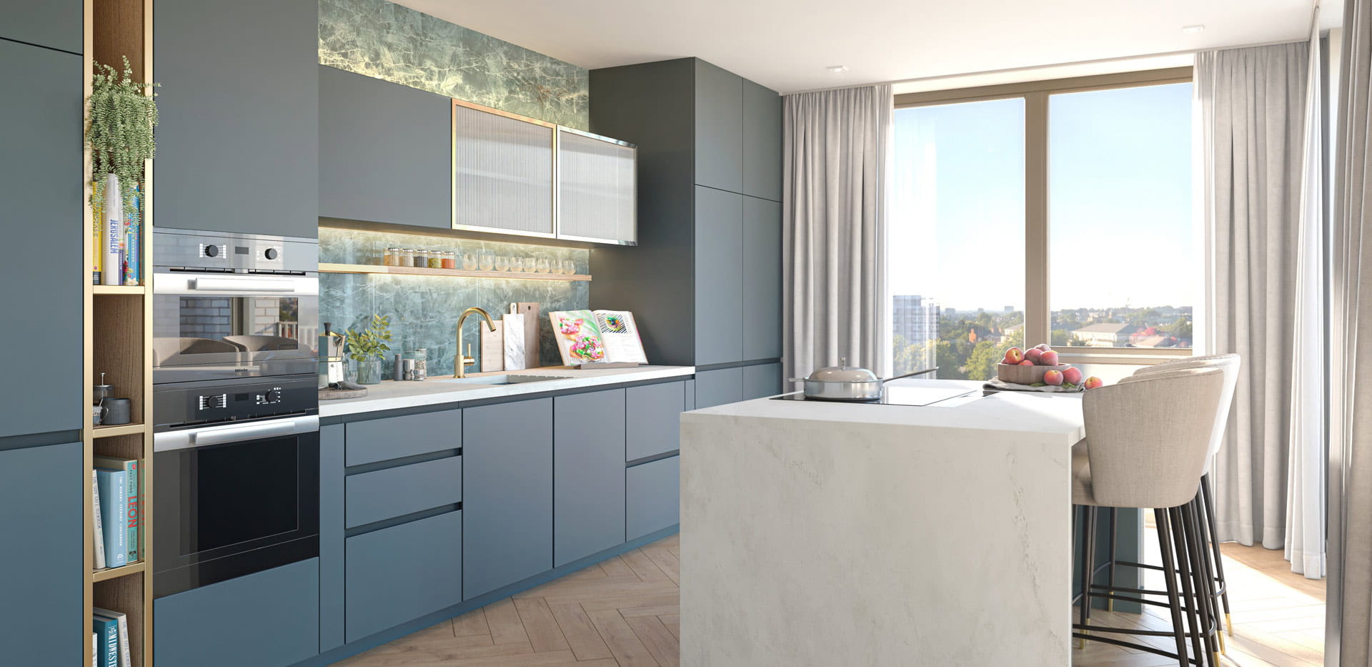Kitchen with navy blue cupboard and shelving panels, modern appliances, white kitchen-breakfast island, with floor to ceiling window adjacent