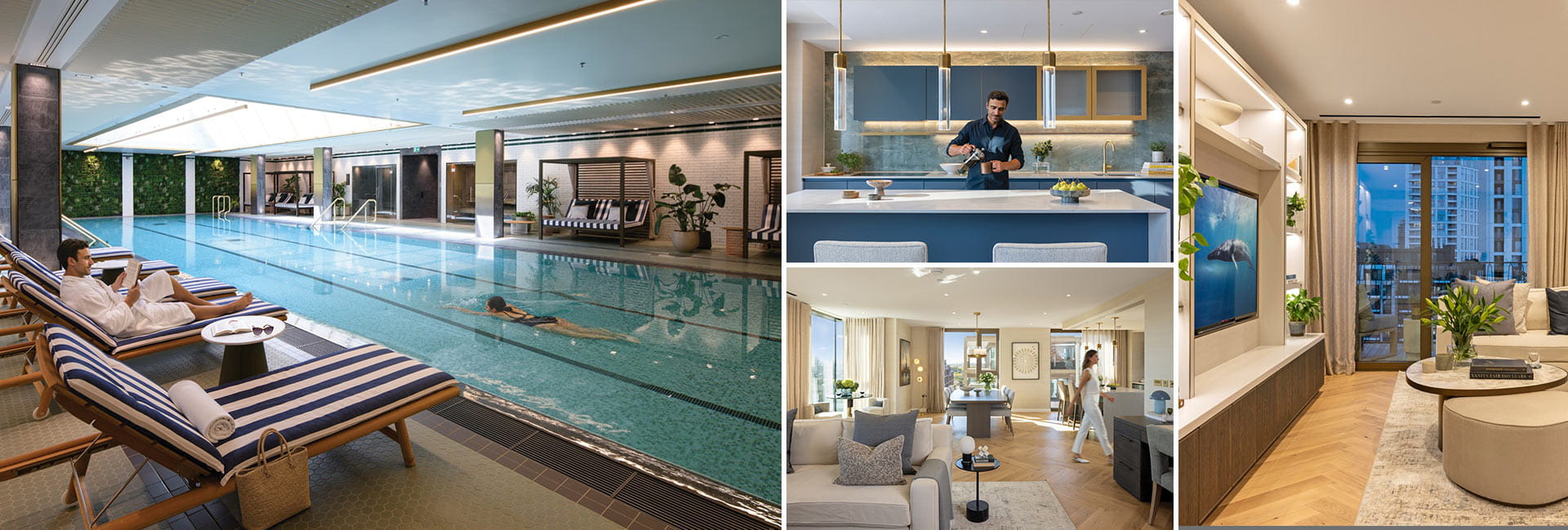 Montage of images for King's Road Park, The Charlton Phase, showing a swimming pool, man making coffee in kitchen, living space