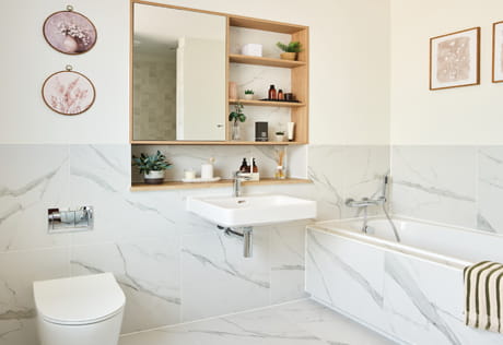 Bath, wash basin with mirror and shelving, contemporary design, marble textures.