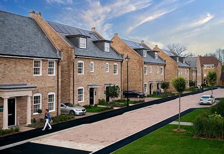 An exterior street scene from The Orchards at Leighwood Fields