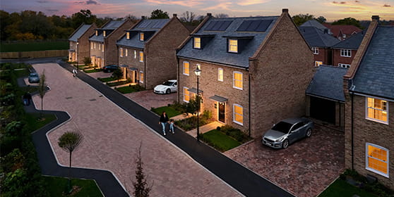 An exterior photograph of the street scene at Leighwood Fields at Night