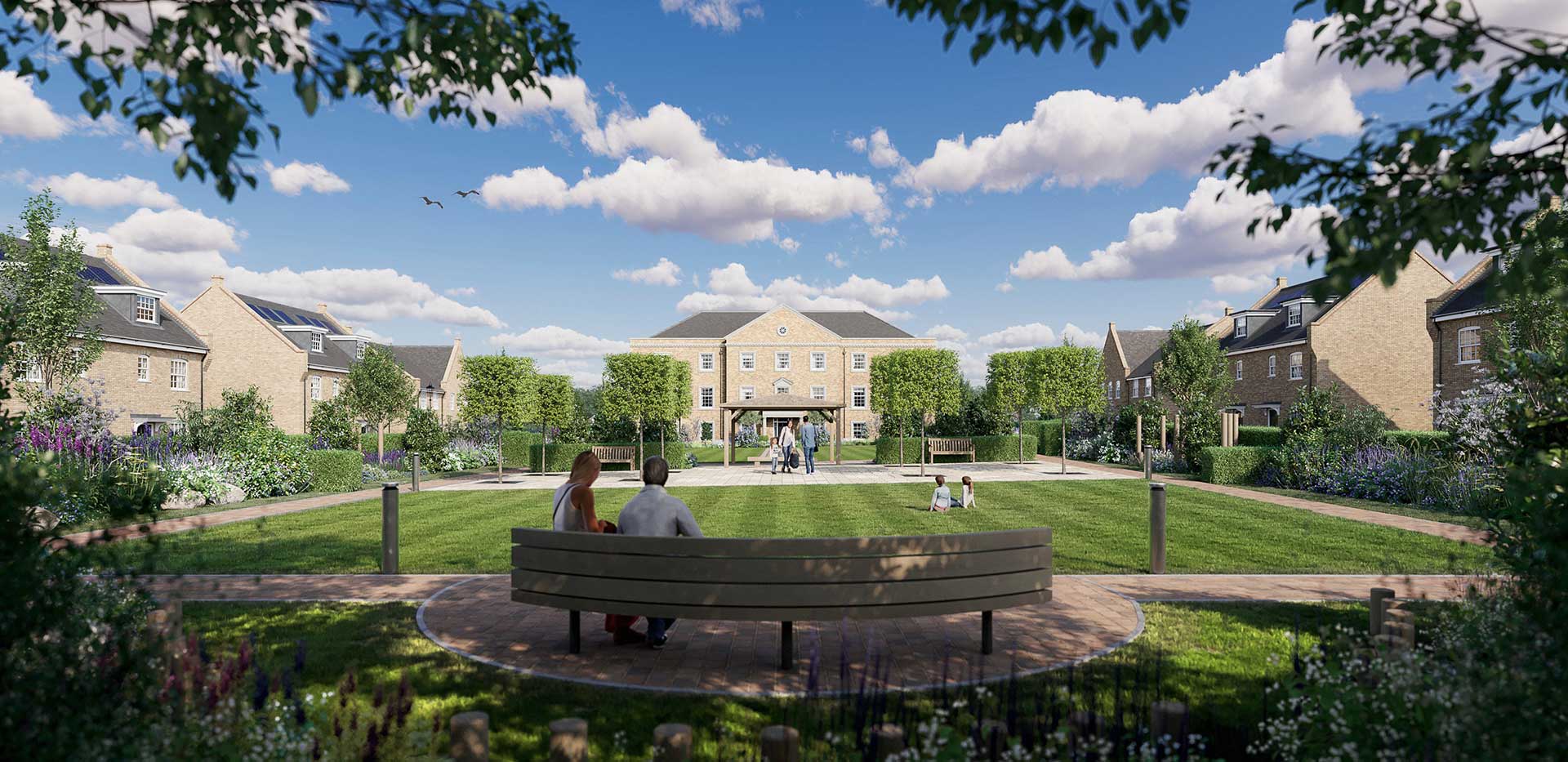 An exterior CGI of Leighwood Manor viewed from a bench