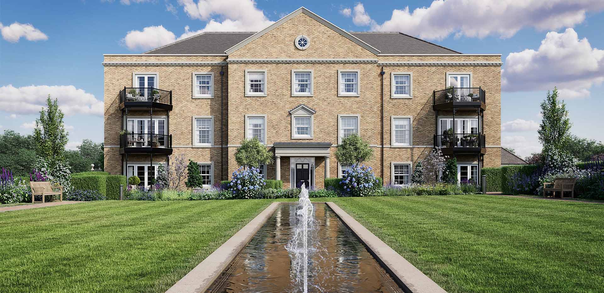 An exterior CGI of Leighwood Manor showing the water feature
