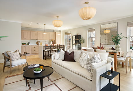 An interior photograph of the Living / Dining / Kitchen at Leighwood Manor