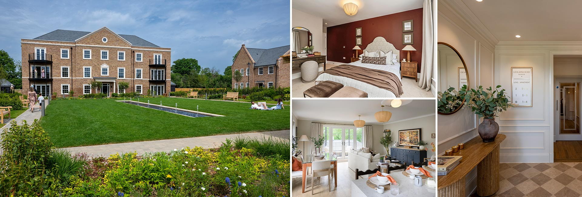 CGI montage of external development façade and central courtyard garden, bedroom, living space and hallway.