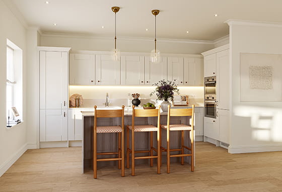 An interior kitchen area within a showhome at Leighwood Fields
