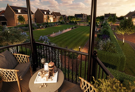 A balcony image from a showhome at Leighwood Fields at night