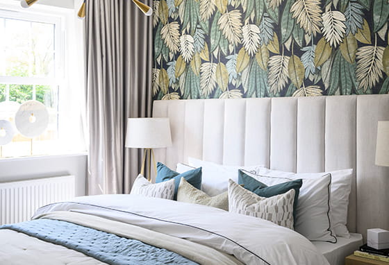 An interior bedroom image from a showhome at Leighwood Fields