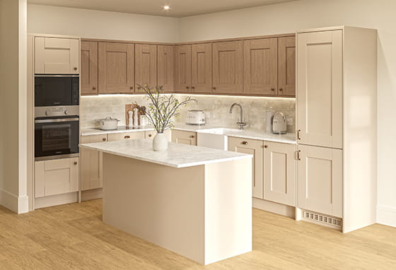 An interior kitchen area within a showhome at Leighwood Fields