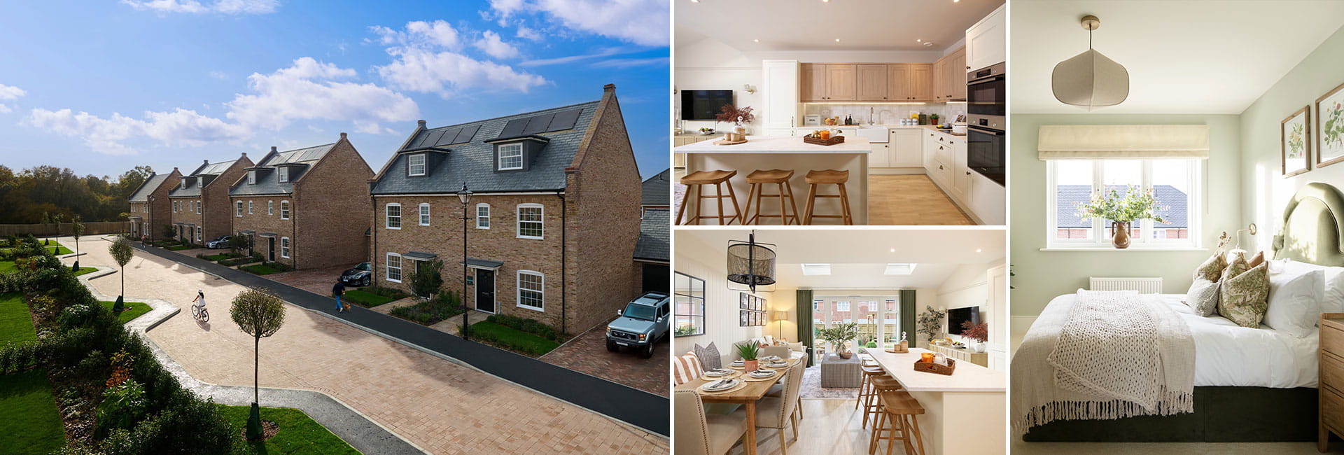 CGI  montage of external housing development, living space, kitchen/dining, bedroom.