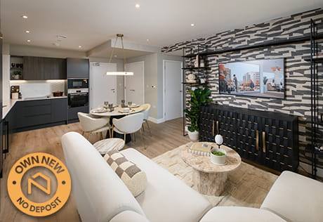 An interior Living / Dining / Kitchen image with the Own New logo on top