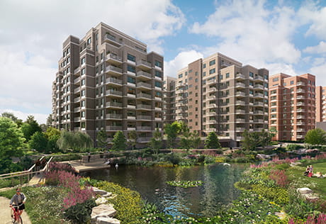 An exterior image of a Berkeley development with a large lake and open green space in the foreground