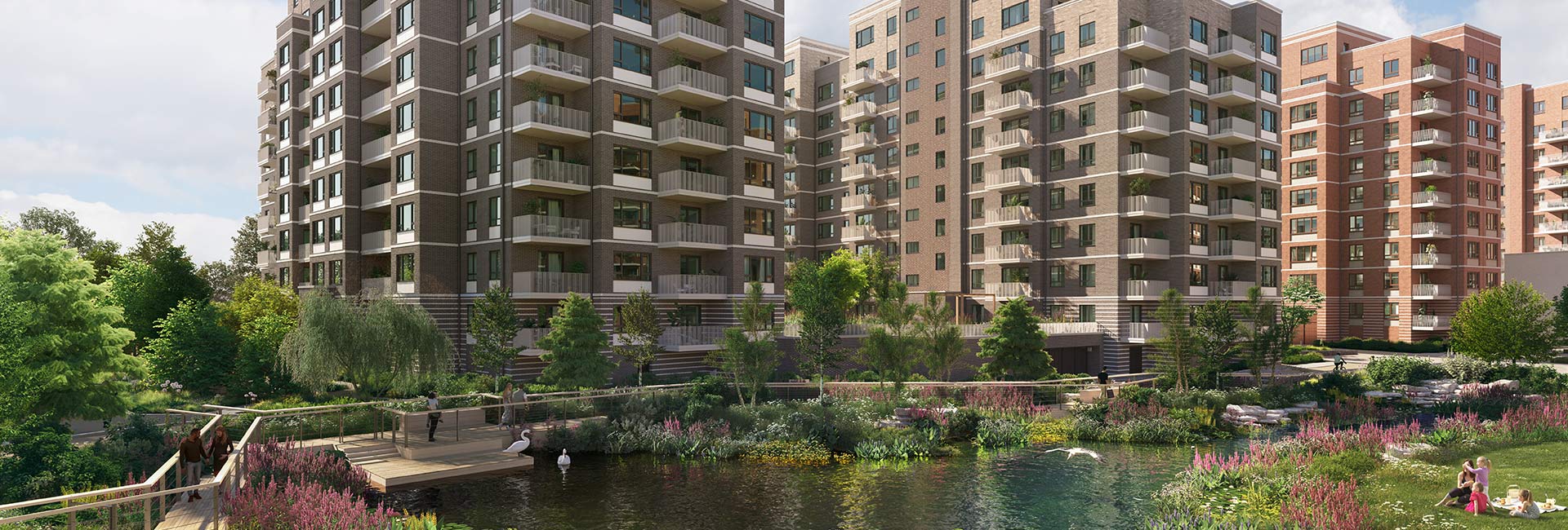 An exterior image of a Berkeley development with a large lake and open green space in the foreground