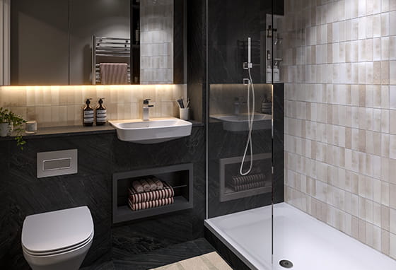 Interior image of a bathroom with a dark themed palette