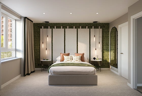 An interior image of a bedroom with bright lighting