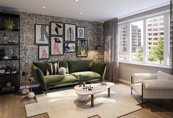 An interior image of a living room with funky art deco 