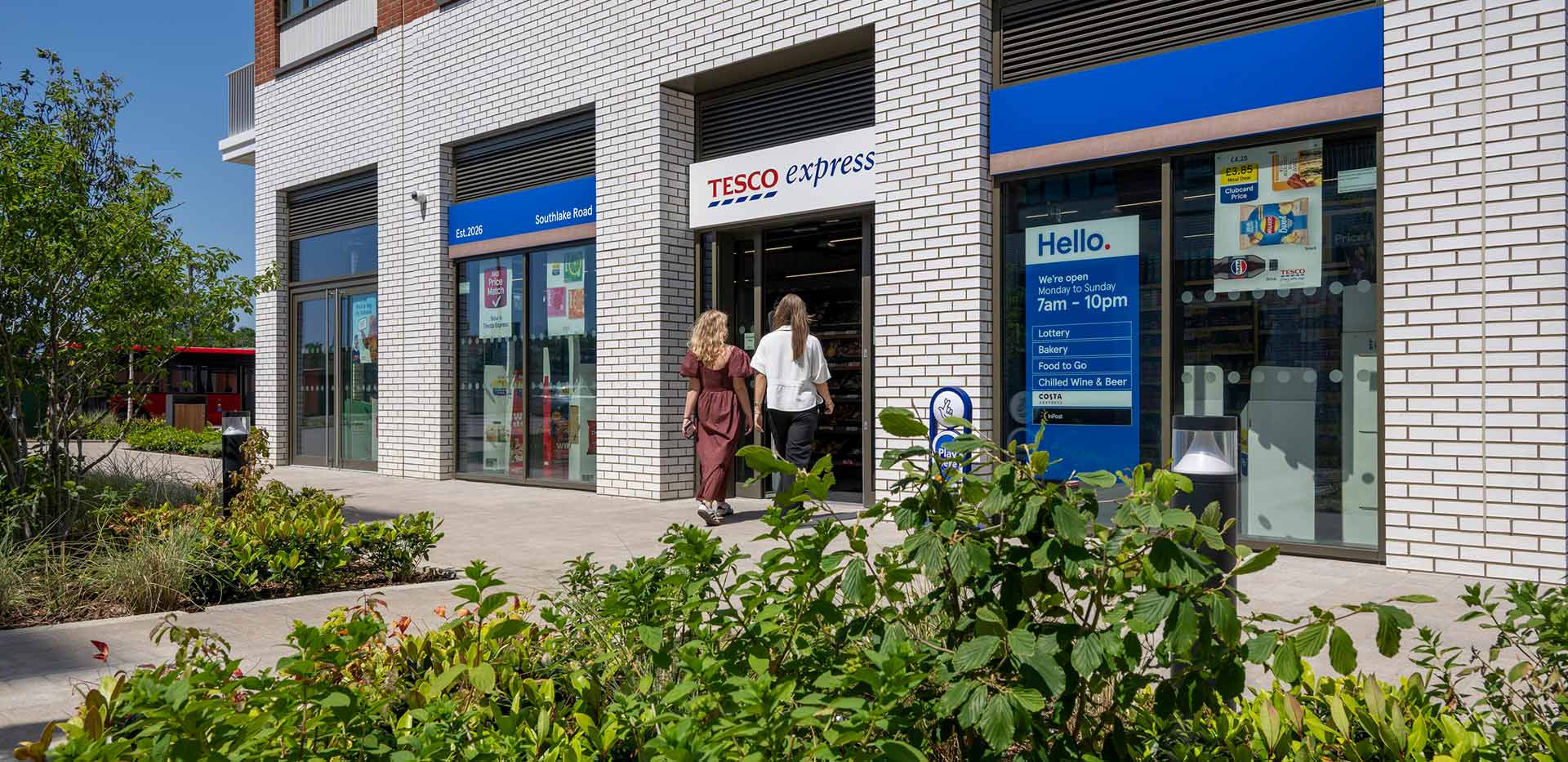 An exterior photograph of the Tesco Express at Lombard Square