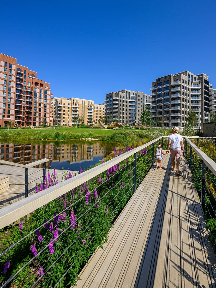CGI of family walking along boardwalk amongst meadow-style greenery.