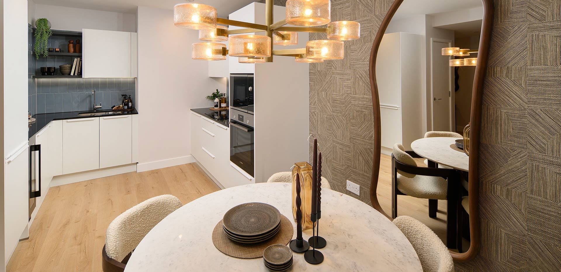 An interior image of the kitchen-dining area from a Lombard Square showhome