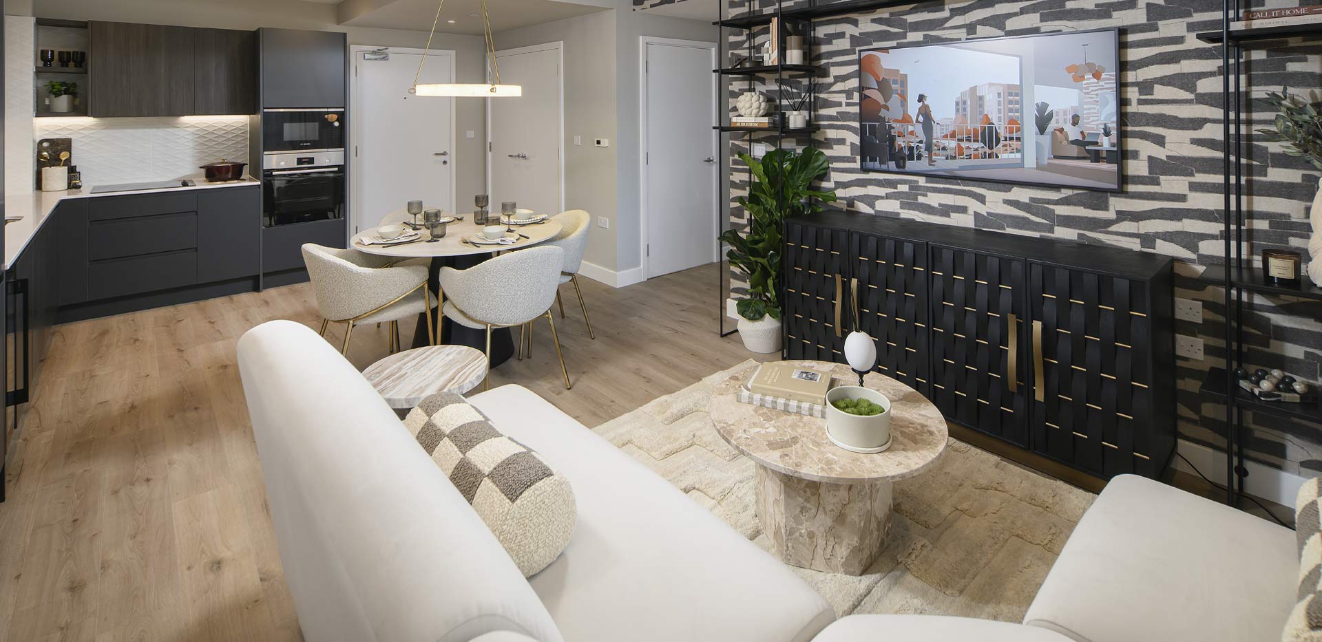 An internal CGI of a living room at Rosa House