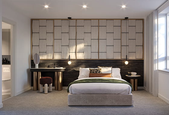 An interior CGI of a bedroom at Lombard Square