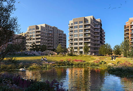 An exterior photograph of Rosa House opposite the lake at Lombard Square