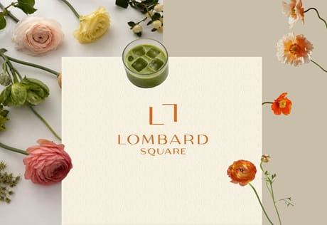 Graphic banner for showing Lombard Square logo, flowers and an iced matcha drink.