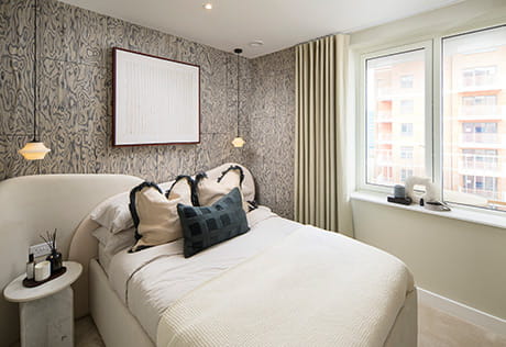 An interior image of a bedroom from a Lombard Square showhome