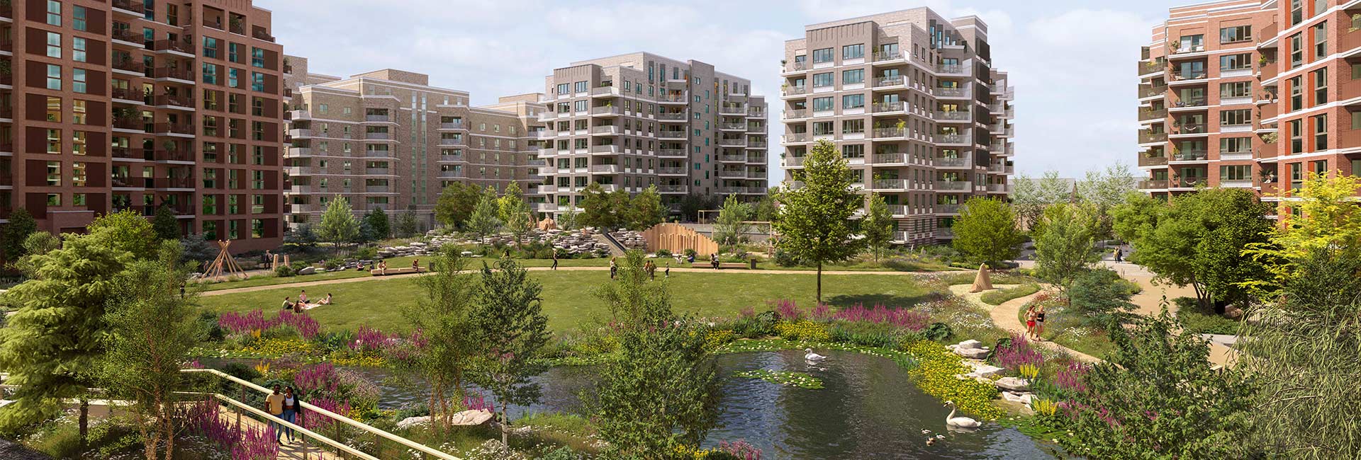 Landscaped courtyard with pond, footbridge and walking paths, surrounded by modern apartment buildings.