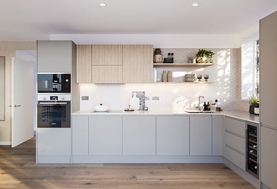 A CGI image of an interior Kitchen image at Rosa House
