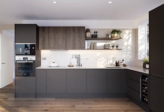 An interior Kitchen image with Dark Cupboards at Rosa House, Lombard Square