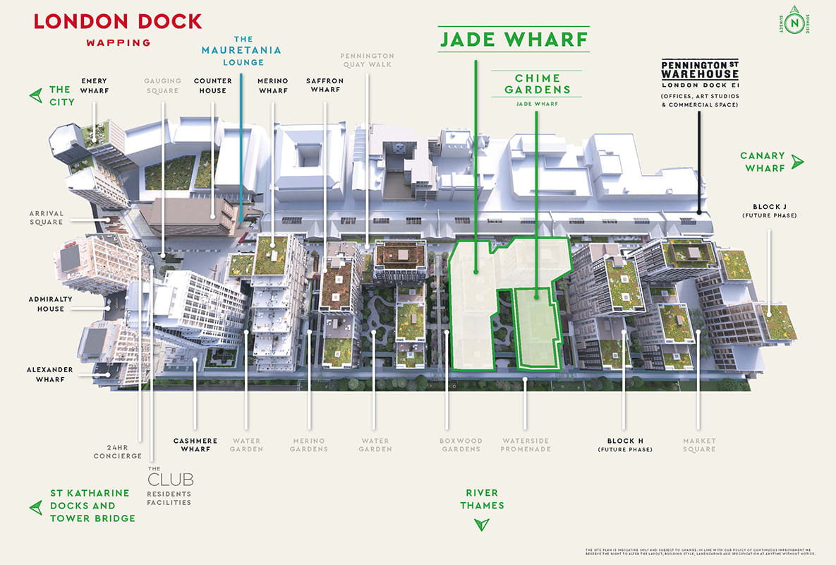 A graphic site map of London Dock Development with labels for the different phases and points of interest.