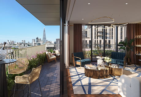 London Dock balcony and living room with incredible city views