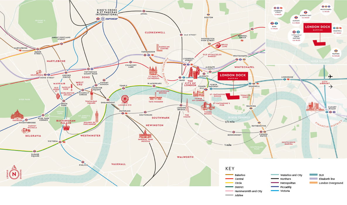 A graphic map of London showing the location of London Dock along with the travel options available