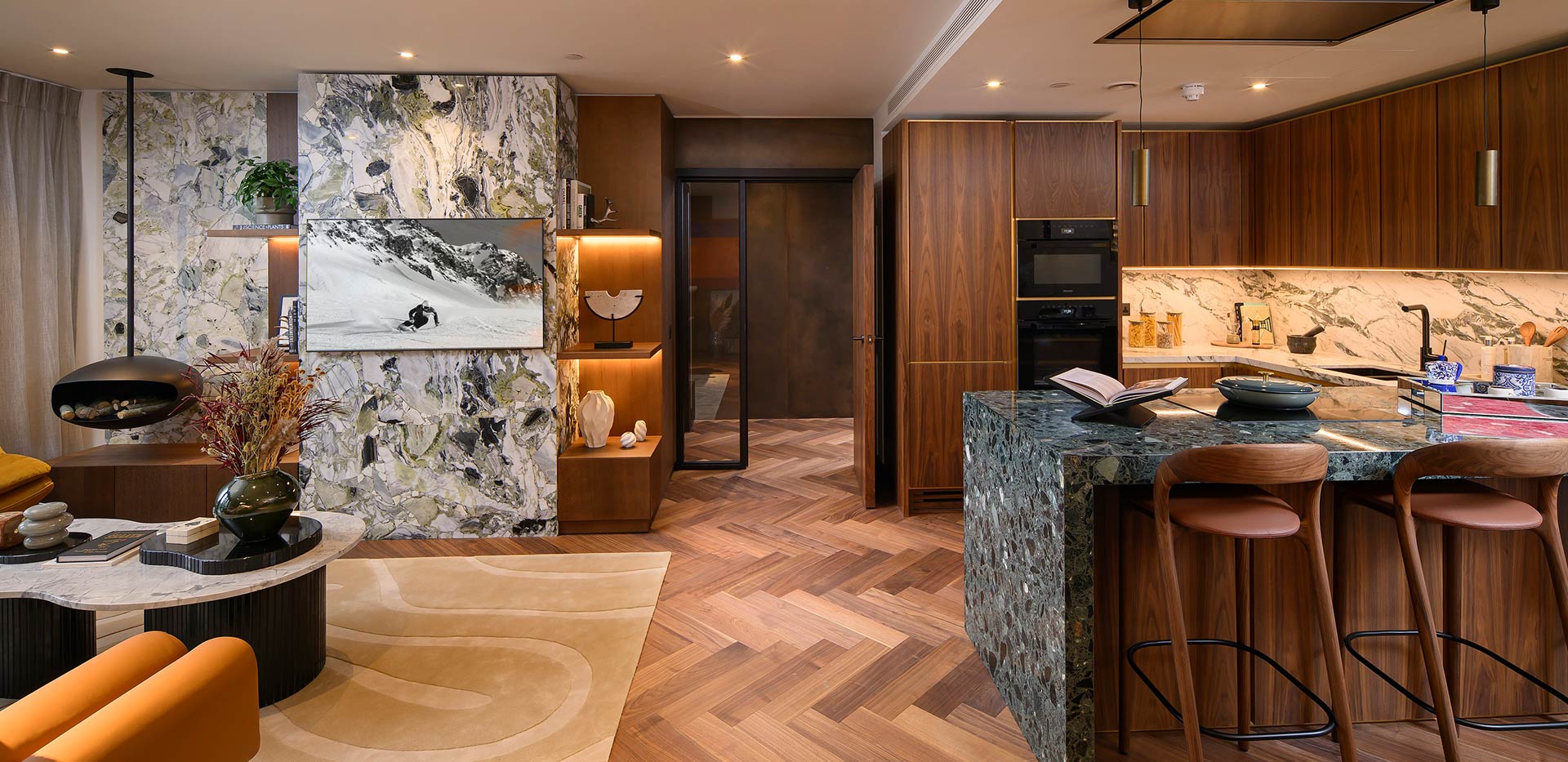 An open-plan image of the kitchen/living area from a 3 bedroom showhome at London Dock
