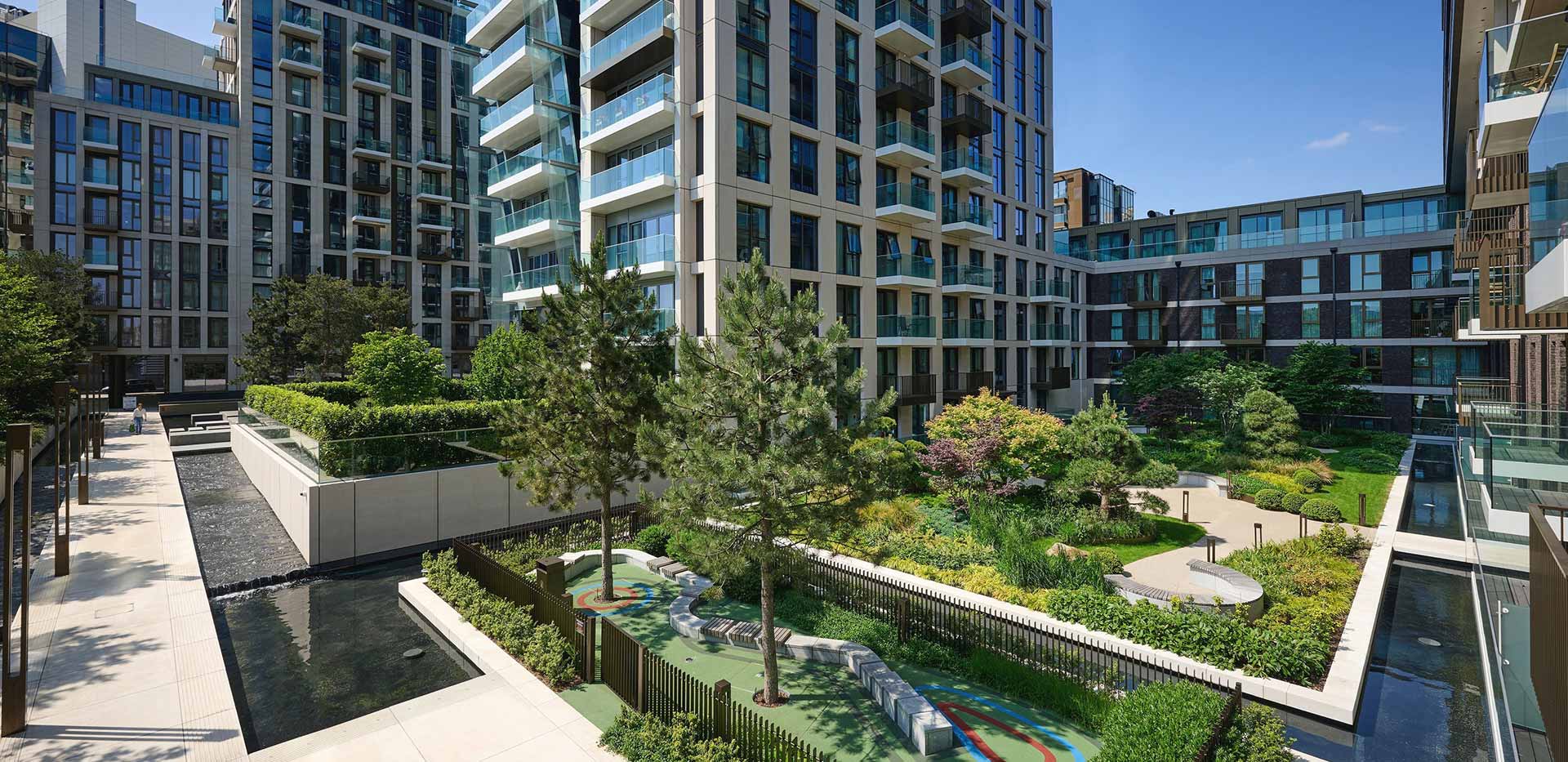 Exterior image at London Dock showing the outer grounds and children's play area