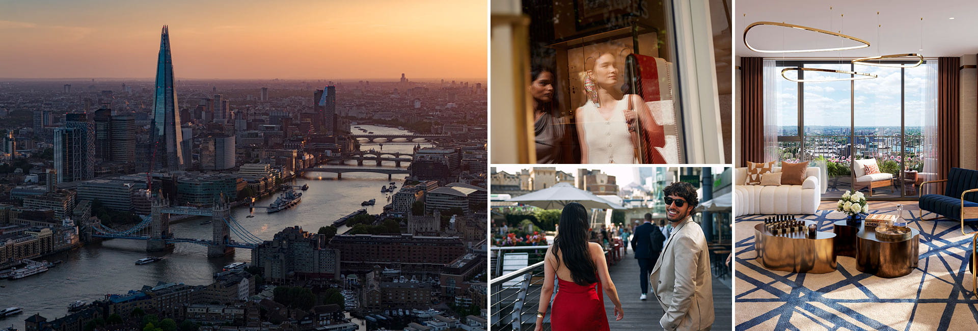 Montage of images showing London city skyline and the Thames at dawn/dusk, models in the city, and a modern designed interior living space.